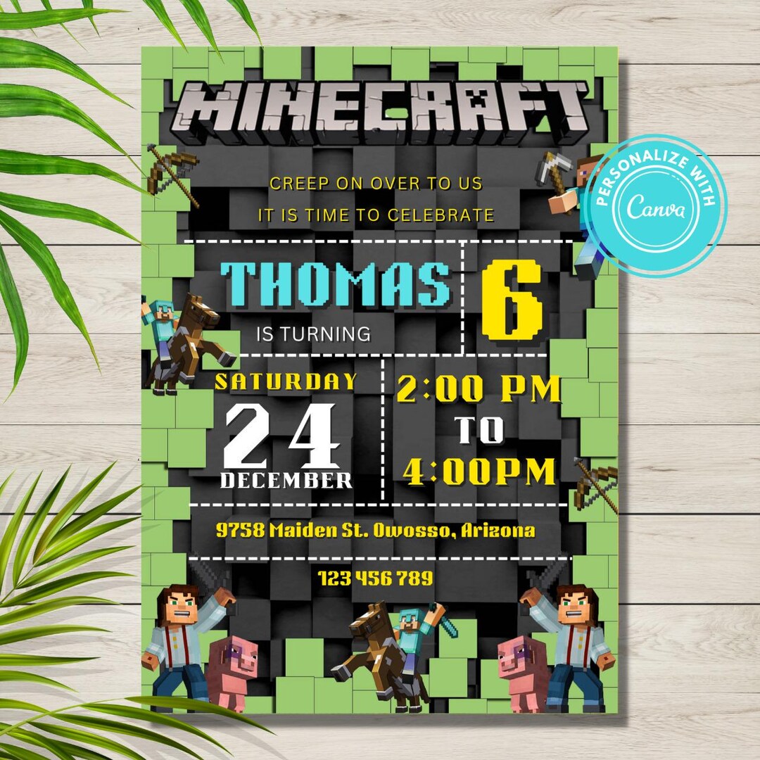 Minecraft Birthday Invitation, Pixel Block Game Theme, Minecraft Invite ...