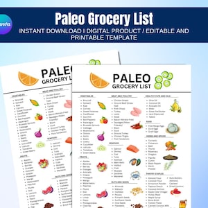 Paleo Grocery List, Paleo Diet Plan, Paleo Food Chart, Paleo Food Planner PDF, Grocery Shopping List