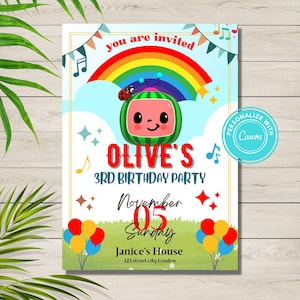 May include: A colorful birthday party invitation featuring a watermelon character, rainbow, and balloons. The invitation includes the text "Olive's 3rd Birthday Party" and the date "November 05 Sunday". The design is set against a light blue sky background.