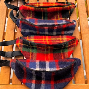 Upcycled Vintage Cross Body Belt Bag | Upcycled Fanny Pack 100% Wool Plaid Blanket | Red Fanny Pack | Blue Fanny Pack | Reworked Fanny Pack