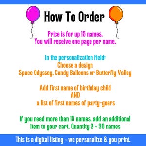 May include: A blue background with the text "How To Order" and instructions for a personalized digital listing. Includes options for design choices like "Space Odyssey" and "Candy Balloons". Features a pink and orange balloon graphic.