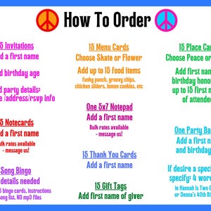 May include: A blue and white graphic with the text "How To Order" and various party supplies, including invitations, menu cards, notecards, and gift tags. The text includes instructions for customization, such as adding names and ages.