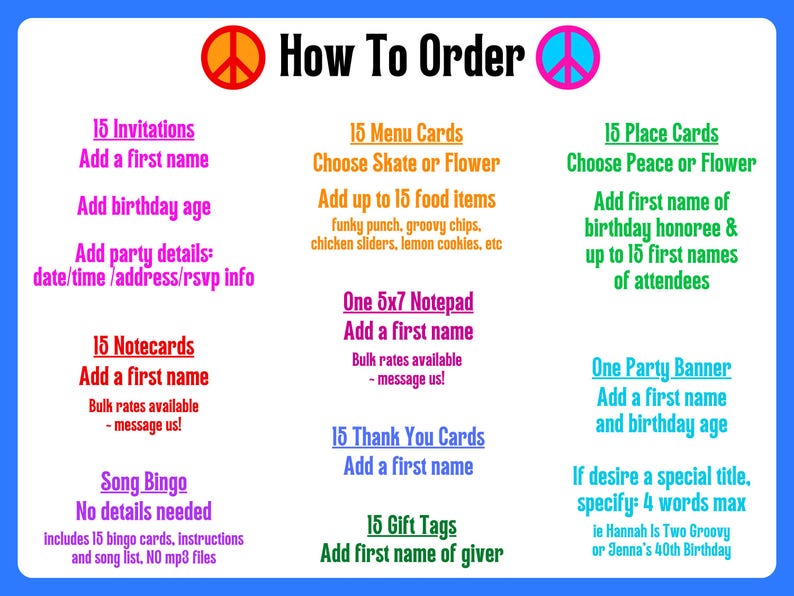May include: A blue and white graphic with the text "How To Order" and various party supplies, including invitations, menu cards, notecards, and gift tags. The text includes instructions for customization, such as adding names and ages.