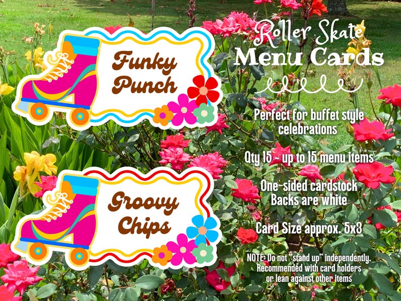 May include: Roller skate menu cards with the text "Funky Punch" and "Groovy Chips". Each card features a pink, blue, and orange roller skate design. The cards are approximately 5x3 inches and are one-sided.