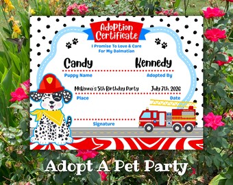 Adopt A Pet, Dalmatian Party, Puppy Party, Pets Adoption Certificate, Fire Truck Birthday