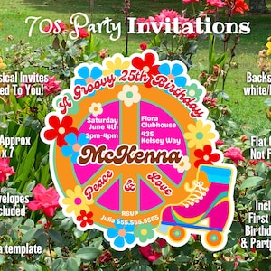 May include: A colorful 70s-themed party invitation with a peace sign design, roller skate, and floral accents. The invitation includes the text "A Groovy 25th Birthday" and event details. The size is approximately 7x7 inches.