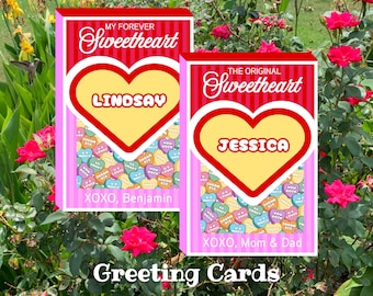Conversation Hearts Card, Personalized Valentines Day Cards, Sweetheart Cards, Candy Stationery Set
