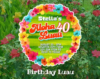 Aloha Luau Birthday Invitations, Hawaiian Party, Summer BBQ Invites, Pool Party Invite, Beach Theme