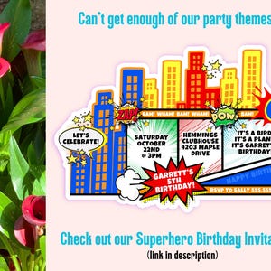 May include: Superhero-themed birthday invitation with a cityscape design. The invitation includes the text "Let's Celebrate!" and details for Garrett's 5th birthday, including the date, time, and location. The invitation also has the text "Happy Birthday".