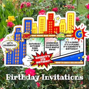 May include: A colorful birthday invitation with a cityscape design. The invitation includes the text "Let's Celebrate!" and "Garrett's 5th Birthday!" with event details. The background features flowers and greenery.