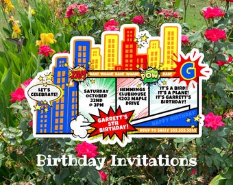 Anniversaire de super-héros, faire-parts super-héros personnalisés, cadeaux de fête super-héros, bande dessinée personnalisée