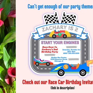 May include: A light pink invitation with a race car theme. The invitation includes the text "ZACHARY IS 2" and "START YOUR ENGINES". The invitation also includes the date, time, and location of the party. The invitation also includes the text "Check out our Race Car Birthday Invitations!"
