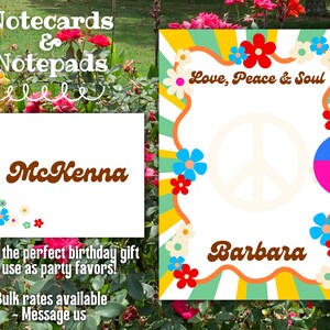 May include: White notecards and notepads with floral designs and names. One card says "McKenna" in brown script, and the other says "Barbara" with a peace sign and the words "Love, Peace & Soul".