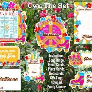 May include: A collection of colorful 1970s-themed party supplies, including invitations, bingo cards, and place cards. The designs feature roller skates, flowers, and the words "Peace, Love & Soul." The text "Own The Set" is visible.