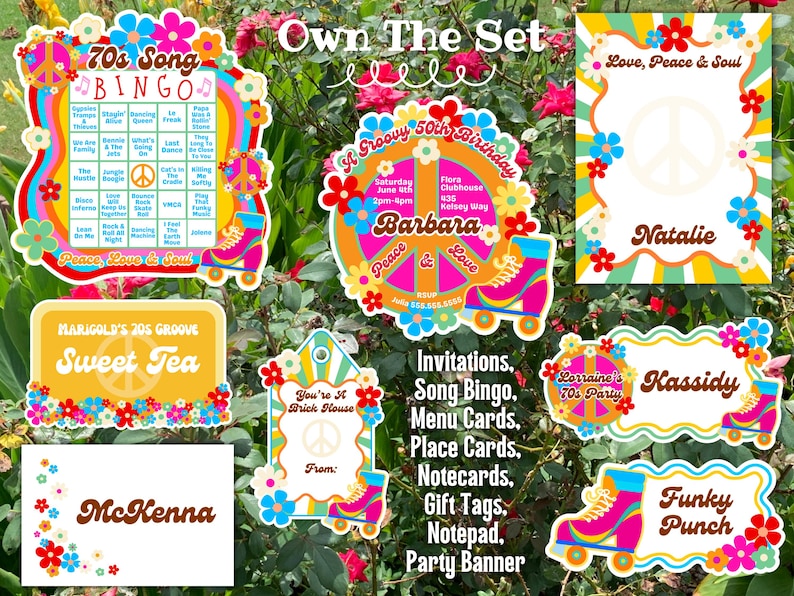 May include: A collection of colorful 1970s-themed party supplies, including invitations, bingo cards, and place cards. The designs feature roller skates, flowers, and the words "Peace, Love & Soul." The text "Own The Set" is visible.