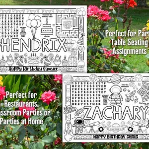 May include: Two black and white coloring placemats with birthday themes. One features the name "Hendrix" and the text "Happy Birthday Sawyer". The other features the name "Zachary" and the text "Happy Birthday Chris". Both include mazes and word searches.