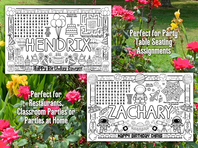 May include: Two black and white coloring placemats with birthday themes. One features the name "Hendrix" and the text "Happy Birthday Sawyer". The other features the name "Zachary" and the text "Happy Birthday Chris". Both include mazes and word searches.