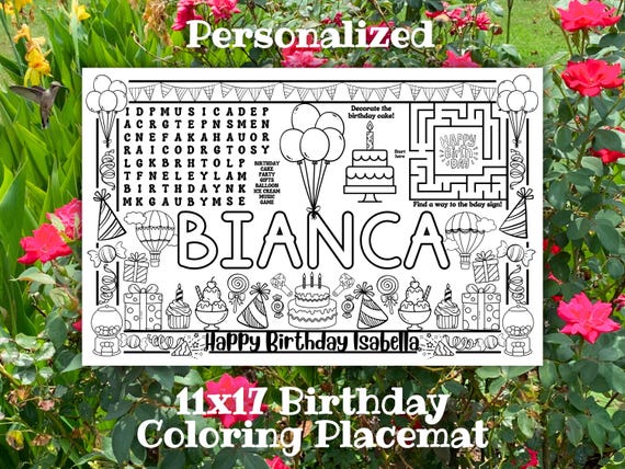 Birthday Coloring Placemat, Printable Party Activity, Classroom Games, Kids Coloring Pages
