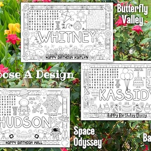 May include: Three black and white coloring placemats with different themes: Butterfly Valley, Space Odyssey, and Candy Balloons. Each mat features a name, a maze, and other illustrations. The text "Choose A Design" is also visible.