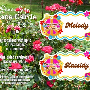 May include: Place cards with a 70s theme, featuring names like Melody and Kassidy. The cards have a peace sign and roller skate design, with a white background and colorful floral accents. The card size is approximately 5x3 inches.
