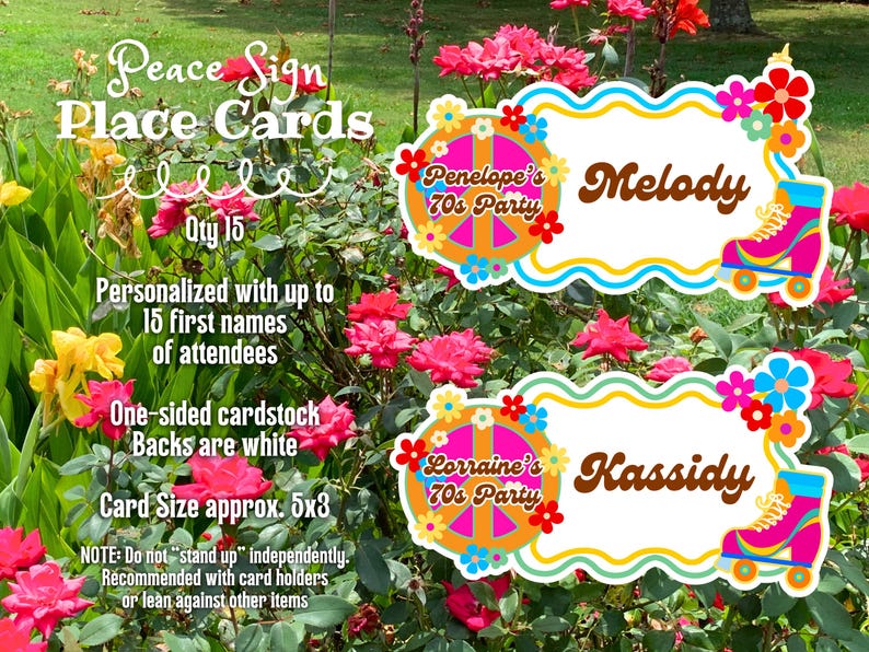 May include: Place cards with a 70s theme, featuring names like Melody and Kassidy. The cards have a peace sign and roller skate design, with a white background and colorful floral accents. The card size is approximately 5x3 inches.