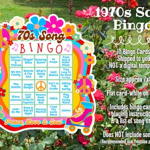 May include: A colorful 1970s Song Bingo game card with a peace sign and roller skate design. The card features song titles and is approximately 7x8 inches in size. Includes bingo cards, playing instructions, and a list of song titles.