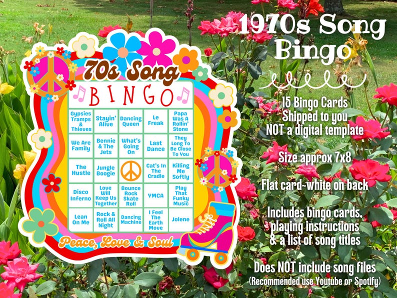 May include: A colorful 1970s Song Bingo game card with a peace sign and roller skate design. The card features song titles and is approximately 7x8 inches in size. Includes bingo cards, playing instructions, and a list of song titles.