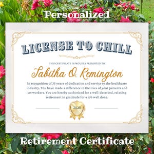 Certificat de départ à la retraite, Récompense personnalisée pour la fête de la retraite, Permis de se détendre, Cadeau de retraite amusant, Cadeau de bureau pour un collègue, Carte pour 65e anniversaire