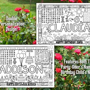 May include: Two personalized birthday placemats with black line art designs. One features the name "Claudia" with a maze, kite, and other illustrations. The other says "Addison" with a cake, balloons, and gifts. Both say "Happy Birthday".