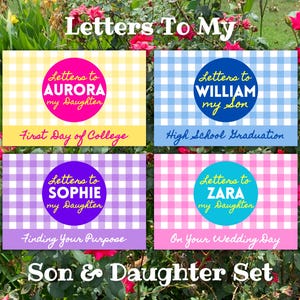 May include: A set of four cards with gingham backgrounds in yellow, blue, purple, and pink. Each card has a circle with a name and the words "Letters to" and "my Daughter" or "my Son". The cards are labeled for different occasions.
