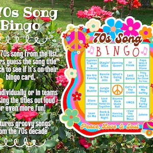 May include: A colorful 1970s Song Bingo game card with a peace sign and roller skate graphic. The card features song titles from the 70s decade. Text on the card includes instructions for playing the game.