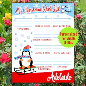 Lista de deseos navideños, lista de compras navideñas personalizada, guía de regalos navideños imprimible, actividad navideña familiar, lista de deseos para niños y adultos