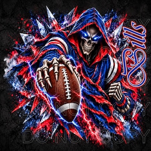 May include: A graphic illustration of a skeleton wearing a blue and red hooded cloak with glowing blue eyes, holding a brown football. The design features sharp, crystalline shards, red and blue lightning bolts, and the word Bills in blue.