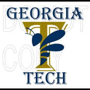 May include: A graphic design featuring the words "GEORGIA TECH" in navy blue, with a stylized gold "T" and a navy blue hornet. The design is set against a white background.