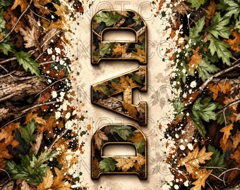 May include: The word DAD is displayed vertically in block letters with a camouflage pattern featuring green and brown oak leaves. The background consists of a dense forest floor with scattered autumn leaves, twigs, and white paint splatters.