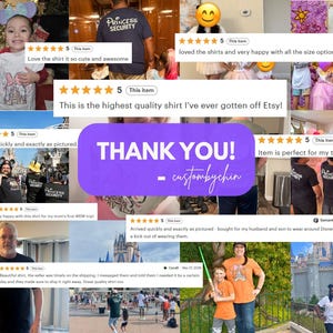 The image is a collage of various photos featuring people wearing Princess Security shirts, with a central purple banner that says "THANK YOU! custombby". The collage includes images of people wearing the shirts, as well as photos of the shirts in different settings, such as a Disney theme park. The overall theme of the collage is centered around the shirts and the positive experiences associated with wearing them.