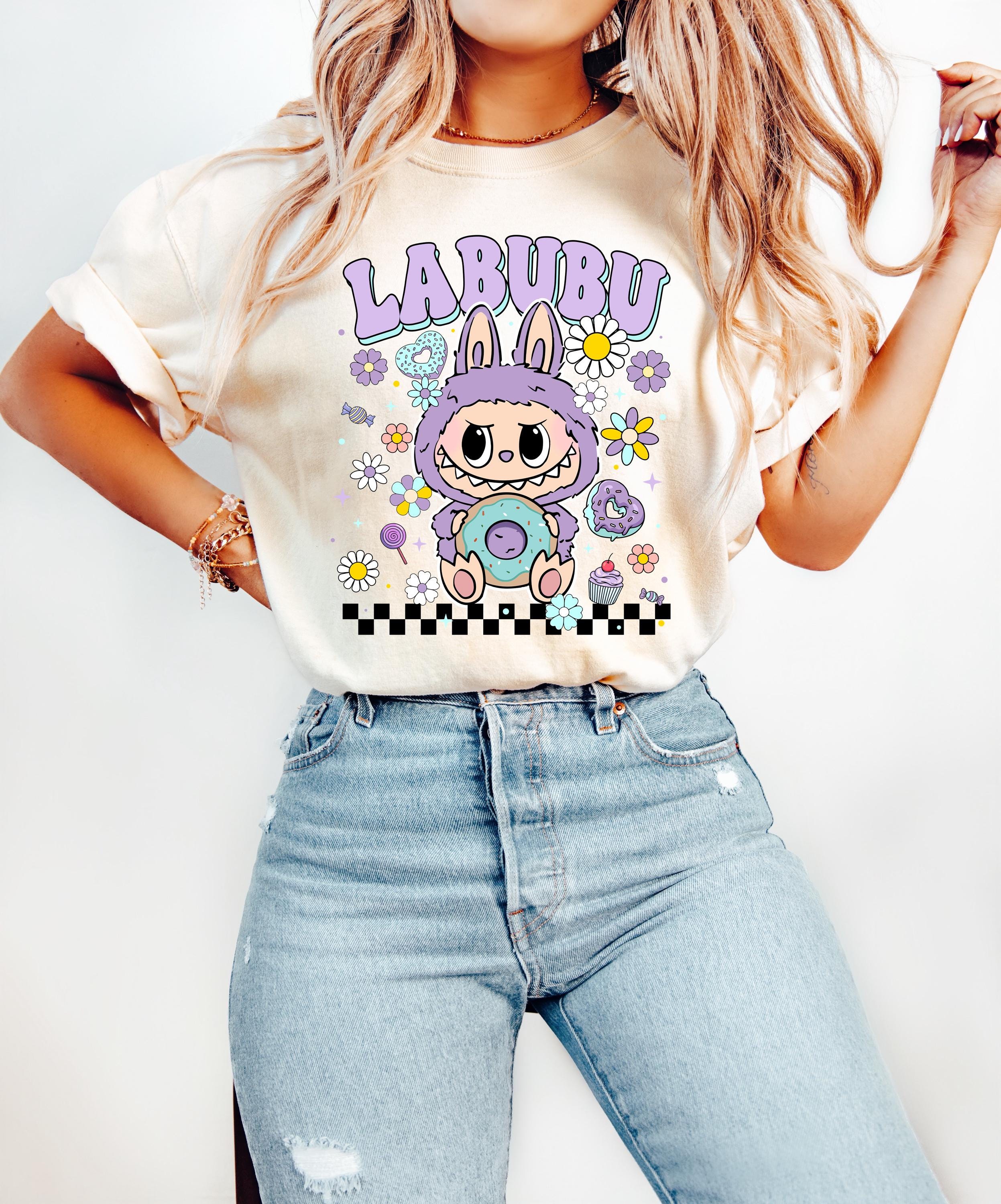 Labubu Floral Donut Shirt, Pastel Cartoon Character T-Shirt, Kawaii Aesthetic Tee, Cute Labubu Graphic Sweatshirt