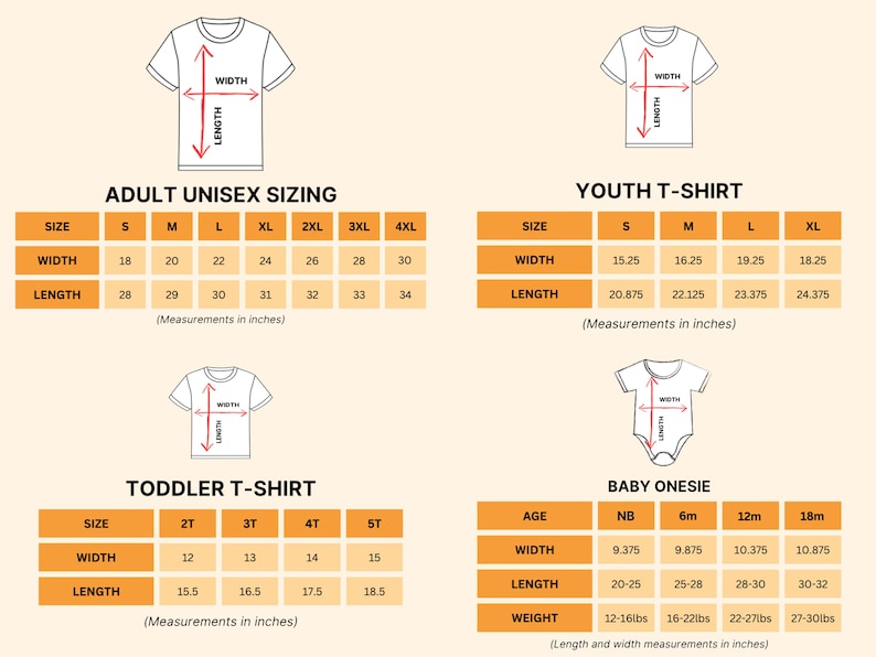 four different size charts for children's clothing, including a toddler t-shirt and a youth t-shirt. The charts provide measurements in inches for the width and length of the shirts.