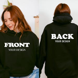 The image is a collage of two photos of a woman wearing a black hoodie with the text "BACK YOUR DESIGN" printed on the back.