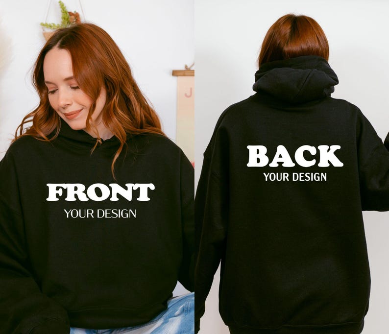 The image is a collage of two photos of a woman wearing a black hoodie with the text "BACK YOUR DESIGN" printed on the back.
