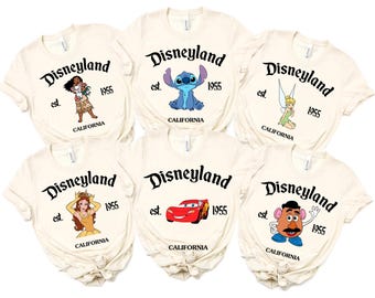 Camiseta retro de Disneyland (1955), con todos los personajes de Disney, de Mickey y sus amigos, a juego, para grupos de Disney, Navidad familiar.