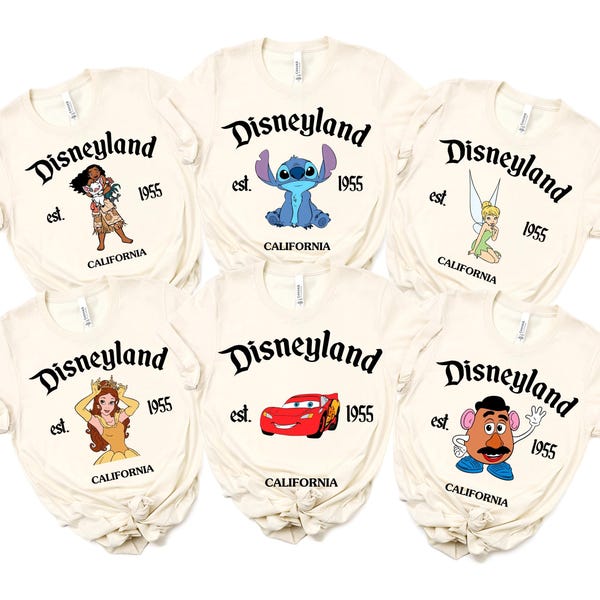 Camiseta retro de Disneyland (1955), con todos los personajes de Disney, de Mickey y sus amigos, a juego, para grupos de Disney, Navidad familiar.