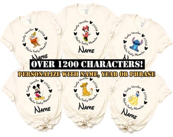 Camiseta con nombre personalizado de personajes de Disney, camiseta personalizada de Disney, camiseta de viaje familiar de Disney, camiseta de todos los personajes de Walt Disney
