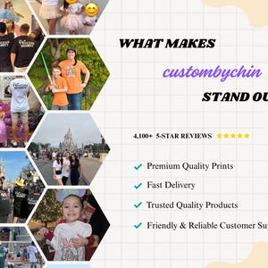 The image is a collage of various images, including people, children, and Disney-themed elements, along with text highlighting the company's offerings and customer support.