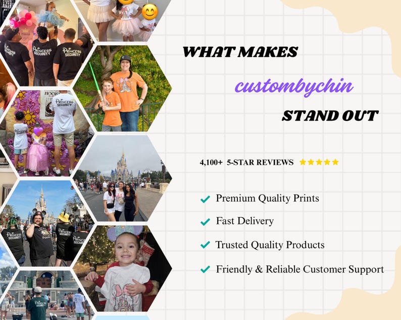 The image is a collage of various images, including people, children, and Disney-themed elements, along with text highlighting the company's offerings and customer support.