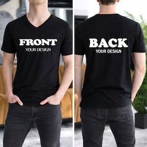 a man wearing a black t-shirt with the text "FRONT YOUR DESIGN" printed on the front and "BACK YOUR DESIGN" printed on the back.