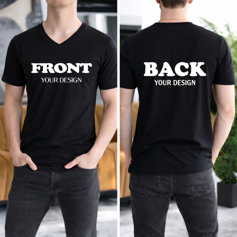 a man wearing a black t-shirt with the text "FRONT YOUR DESIGN" printed on the front and "BACK YOUR DESIGN" printed on the back.