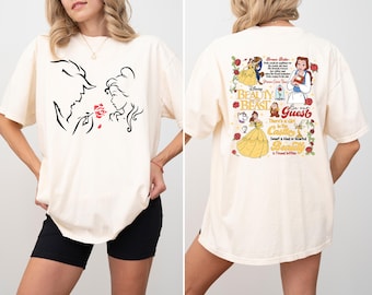 Camiseta de La Bella y la Bestia, Personajes de Disneyland, Camiseta de la Princesa Bella de Disney, Camiseta con Escena de Castillo Vintage, Camiseta con Estampado "Sé Nuestro Invitado"