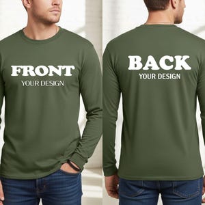A man wearing a green long-sleeved shirt with the text "BACK YOUR DESIGN" printed on the back.