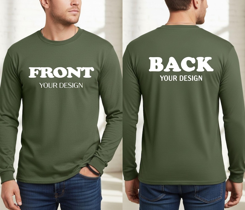 A man wearing a green long-sleeved shirt with the text "BACK YOUR DESIGN" printed on the back.
